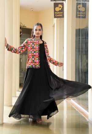Women's Black Flared Gown with Kutchi Embroidered Jacket ? Navratri & Festive Fusion Set** - Image 6