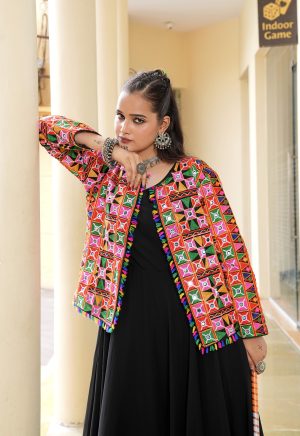 Women's Black Flared Gown with Kutchi Embroidered Jacket ? Navratri & Festive Fusion Set** - Image 5