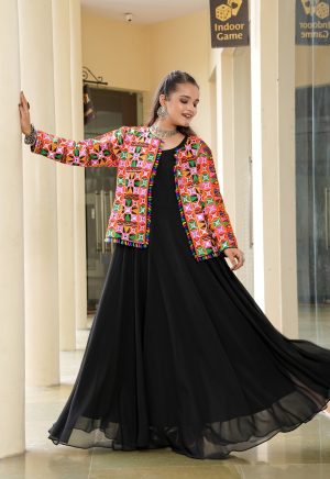 Women's Black Flared Gown with Kutchi Embroidered Jacket ? Navratri & Festive Fusion Set** - Image 4