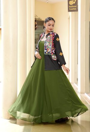 Women's Olive Green Gown with Black Kutchi Embroidered Jacket ? Festive Fusion Wear for Navratri & Cultural Events - Image 8