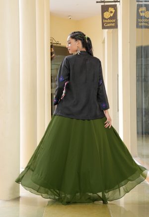 Women's Olive Green Gown with Black Kutchi Embroidered Jacket ? Festive Fusion Wear for Navratri & Cultural Events - Image 3