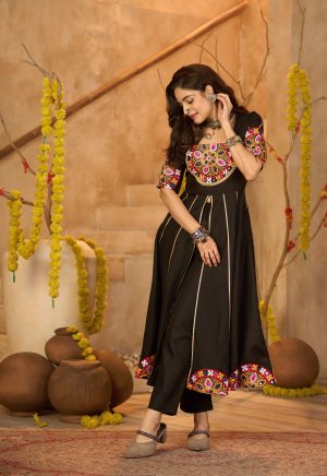 Black Kutchi Embroidery Kurti Set | Traditional Gujarati Anarkali Dress | Garba & Festive Outfit for Women - Image 6
