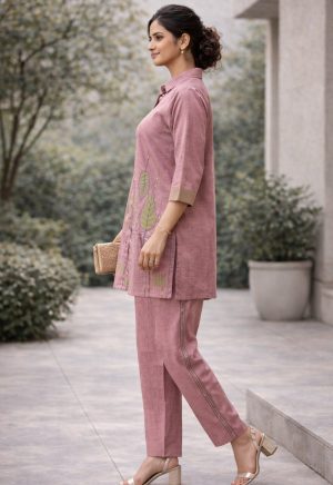 Indrani Life Pink Embroidered Poly Linen Cotton Co-Ord Set - Image 3