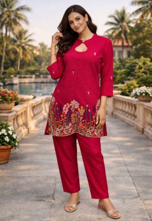 Elegant Embroidered Casual Wear | Pink Cotton Co-Ord Set for Women - Image 4