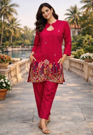 Elegant Embroidered Casual Wear | Pink Cotton Co-Ord Set for Women - Image 3