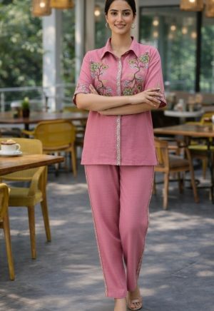 Blush Pink Cotton Silk Embroidered Co-Ord Set - Image 3