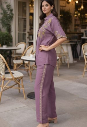 Lavender Bloom Cotton Silk Embroidered Co-Ord Set - Image 3