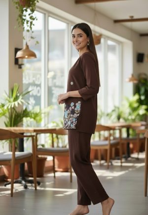 Brown Cotton Silk Embroidered Co-Ord Set - Image 3