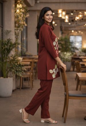Maroon Cotton Silk Embroidered Co-Ord Set - Image 3