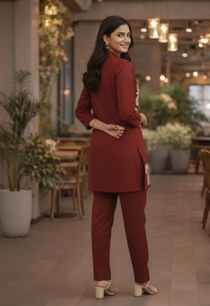 Maroon Cotton Silk Embroidered Co-Ord Set - Image 4