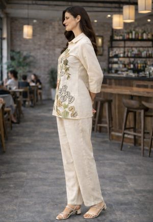 Off-White Cotton Silk Embroidered Co-Ord Set for Women – Festive & Office Wear - Image 3